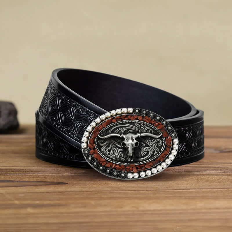 Men's DIY Sparkling Pearl Stones Bull Buckle Leather Belt - Burgundy - Black Embossed Weave Belt (40) - image 6