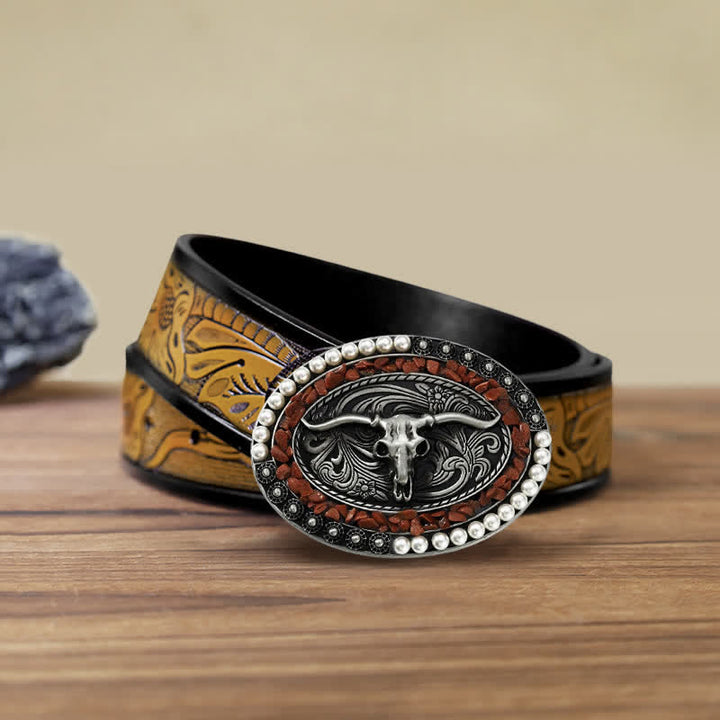 Men's DIY Sparkling Pearl Stones Bull Buckle Leather Belt - Burgundy - SandyBrown Belt (40) - image 9