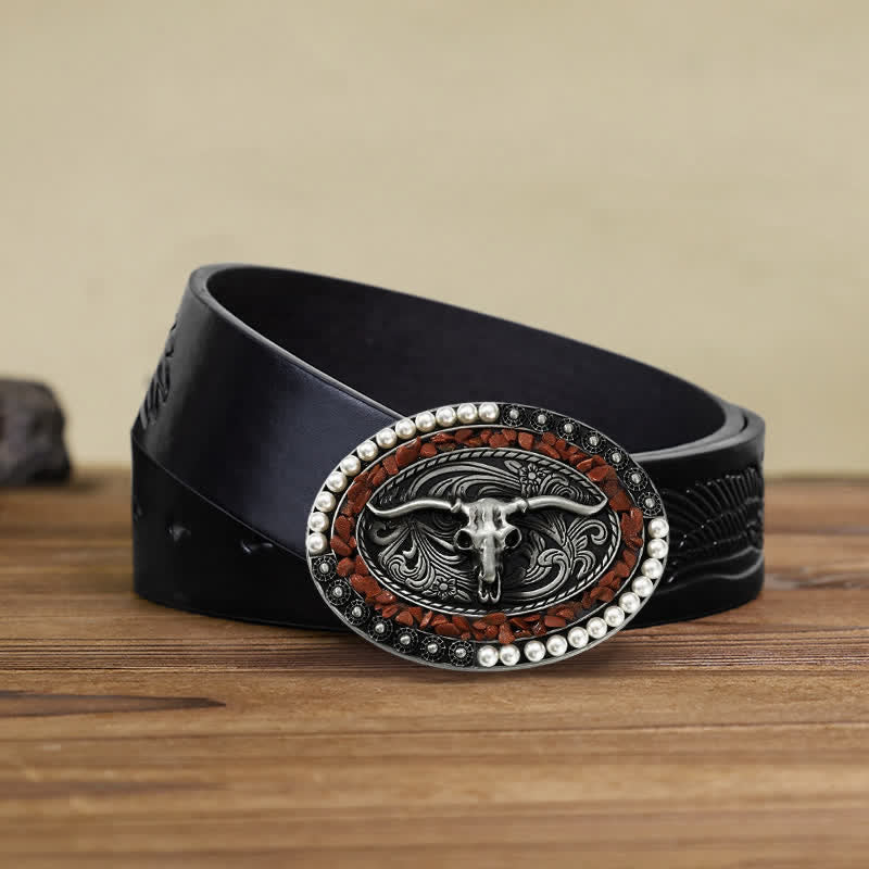 Men's DIY Sparkling Pearl Stones Bull Buckle Leather Belt - Burgundy - Black Embossed Eagle Belt (40) - image 5