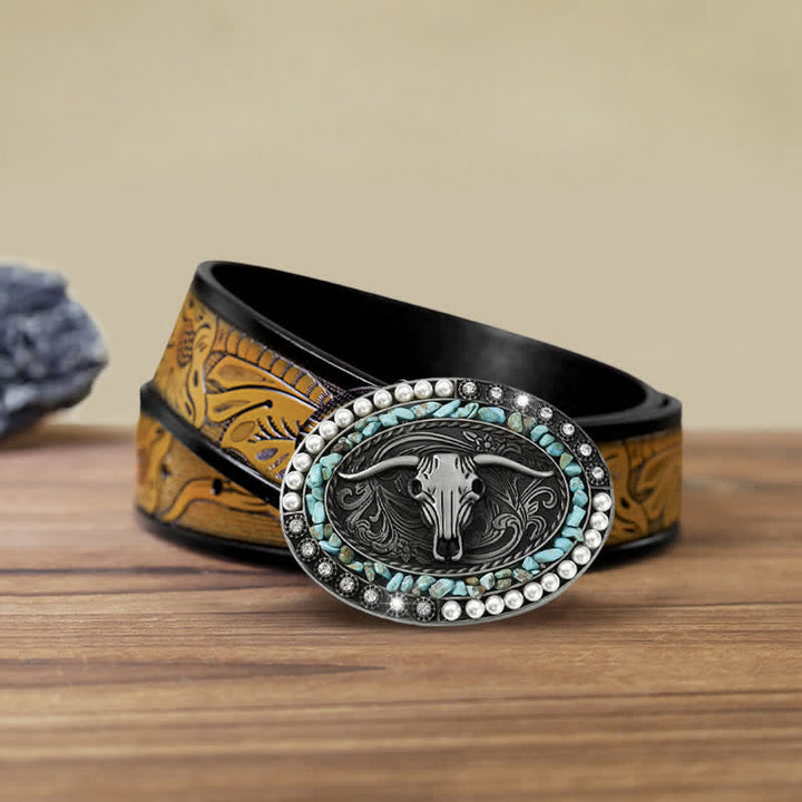 Men's DIY Sparkling Pearl Stones Bull Buckle Leather Belt - Blue - SandyBrown Belt (40) - image 18