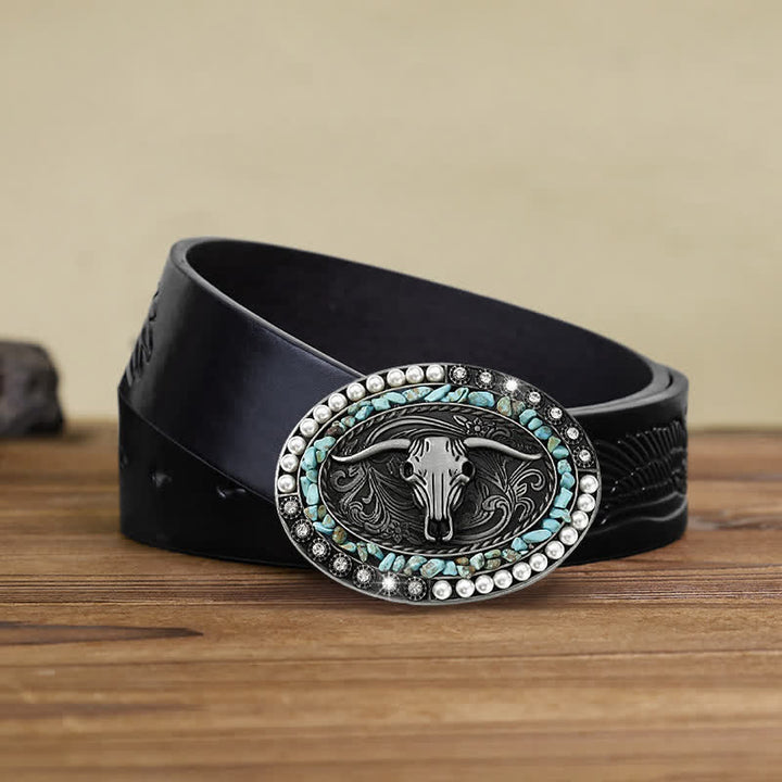 Men's DIY Sparkling Pearl Stones Bull Buckle Leather Belt - Blue - Black Embossed Eagle Belt (40) - image 14