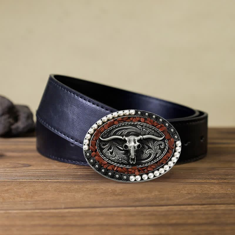 Men's DIY Sparkling Pearl Stones Bull Buckle Leather Belt - Burgundy - Black PU Belt (40) - image 4