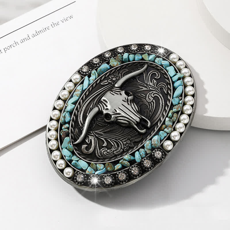 Men's DIY Sparkling Pearl Stones Bull Buckle Leather Belt - image 12