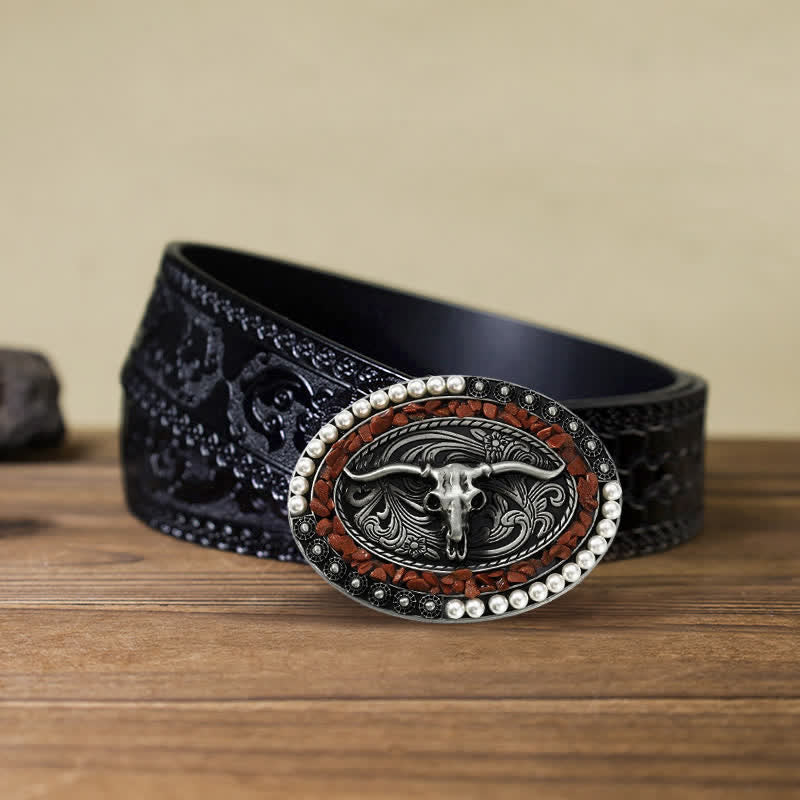 Men's DIY Sparkling Pearl Stones Bull Buckle Leather Belt - Burgundy - Black Carved Belt (40) - image 7