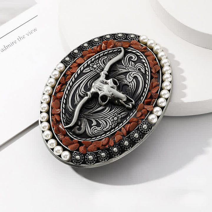 Men's DIY Sparkling Pearl Stones Bull Buckle Leather Belt - image 2