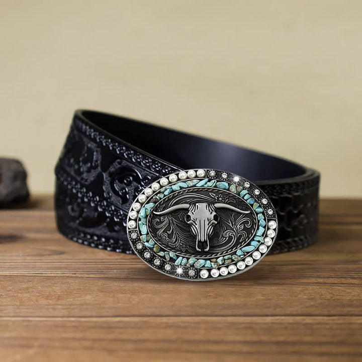 Men's DIY Sparkling Pearl Stones Bull Buckle Leather Belt - Blue - Black Carved Belt (40) - image 16