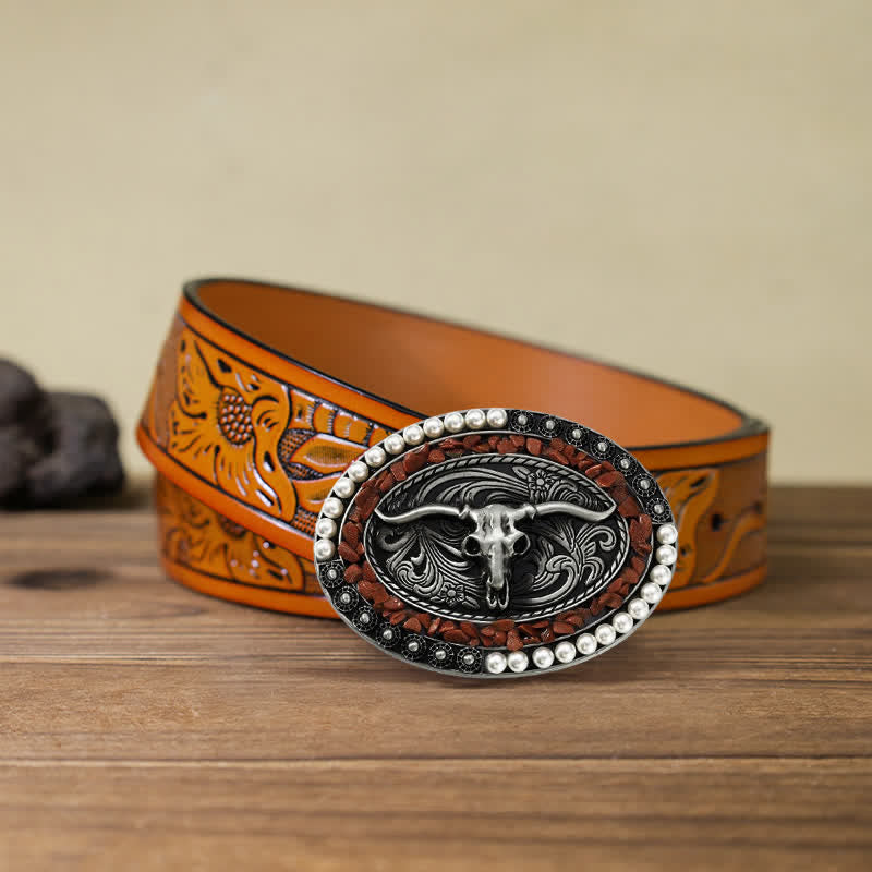 Men's DIY Sparkling Pearl Stones Bull Buckle Leather Belt - Burgundy - Orange Carved Belt (40) - image 10