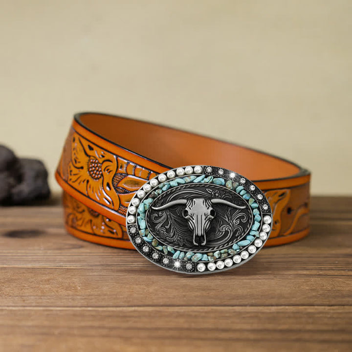 Men's DIY Sparkling Pearl Stones Bull Buckle Leather Belt - Blue - Orange Carved Belt (40) - image 19