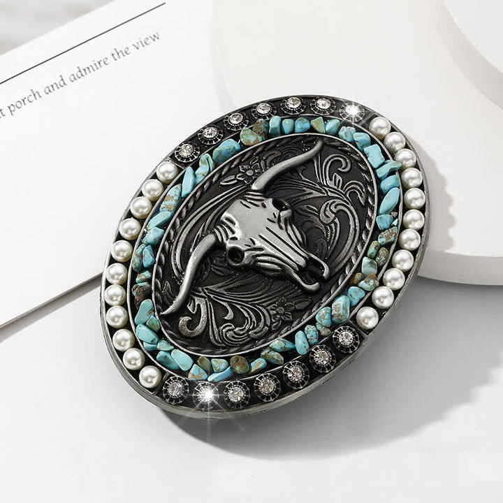 Men's DIY Sparkling Pearl Stones Bull Buckle Leather Belt - image 12