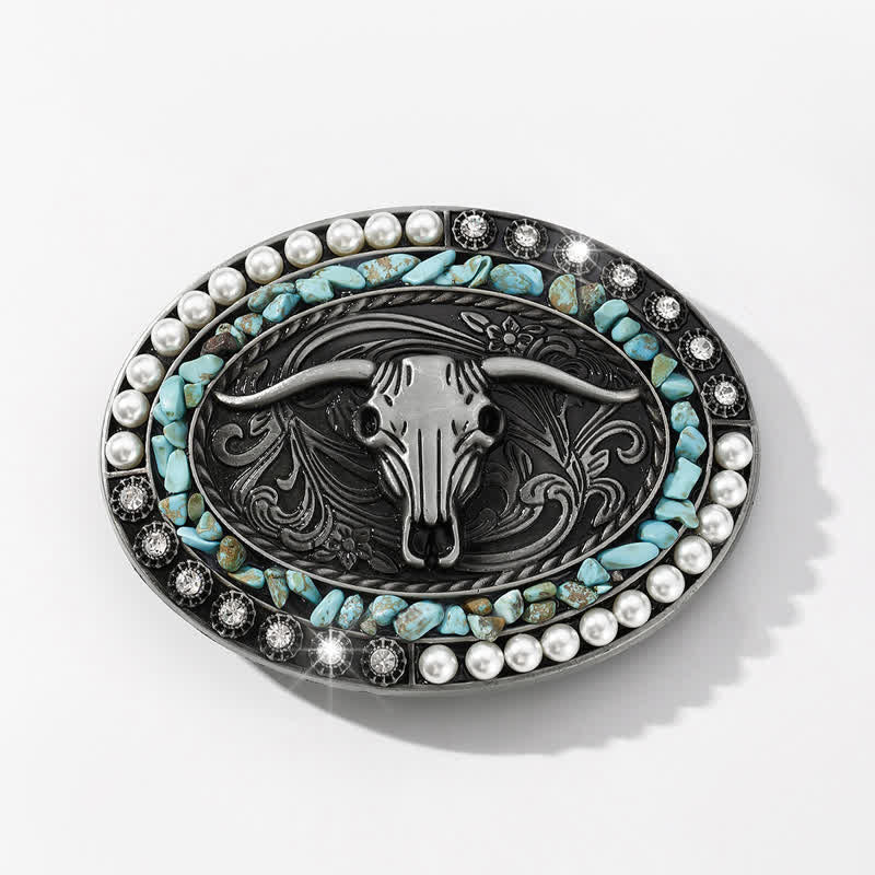 Men's DIY Sparkling Pearl Stones Bull Buckle Leather Belt - Blue - Without Belt - image 11