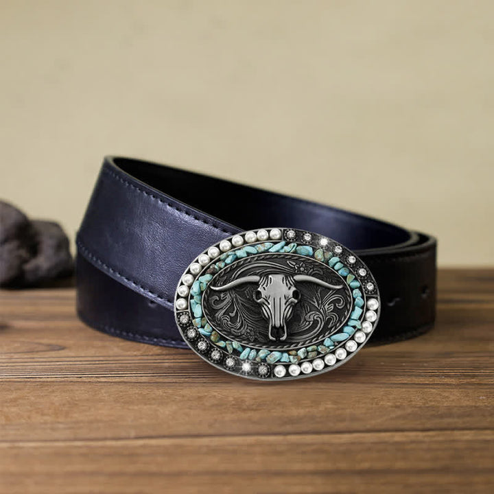 Men's DIY Sparkling Pearl Stones Bull Buckle Leather Belt - Blue - Black PU Belt (40) - image 13