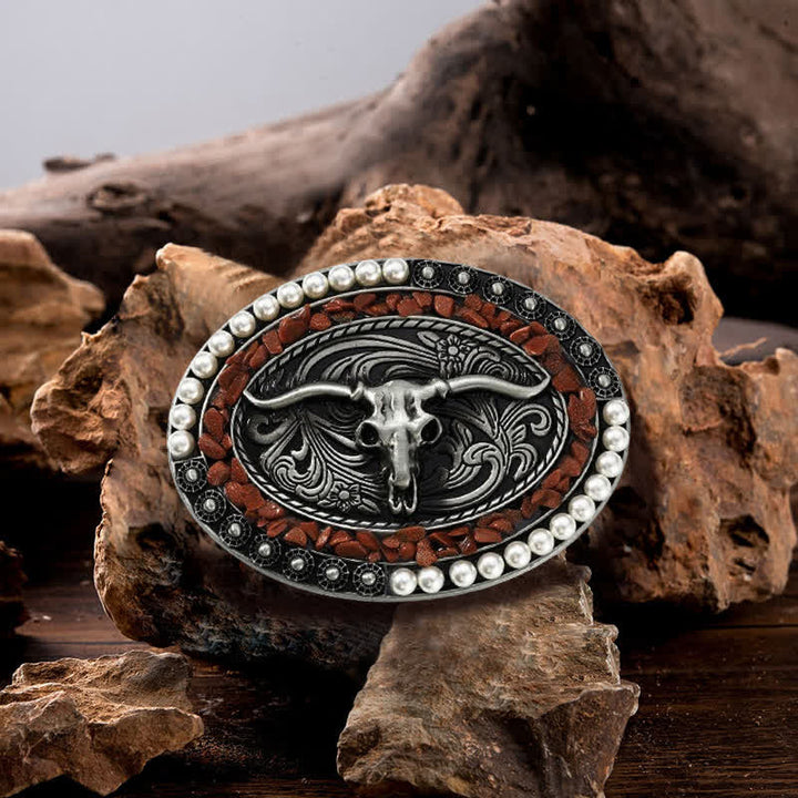 Men's DIY Sparkling Pearl Stones Bull Buckle Leather Belt - Burgundy - Without Belt - image 0