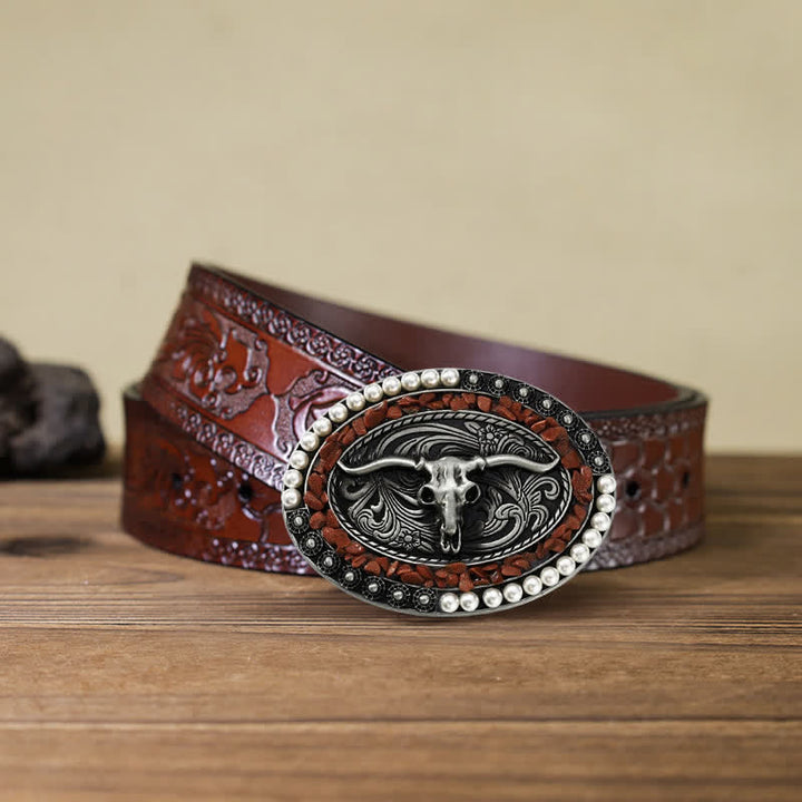 Men's DIY Sparkling Pearl Stones Bull Buckle Leather Belt - Burgundy - Brown Carved Belt (40) - image 8