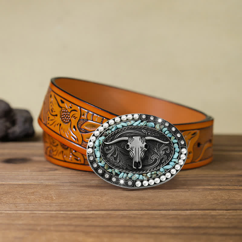 Men's DIY Sparkling Pearl Stones Bull Buckle Leather Belt - Blue - Orange Carved Belt (40) - image 19