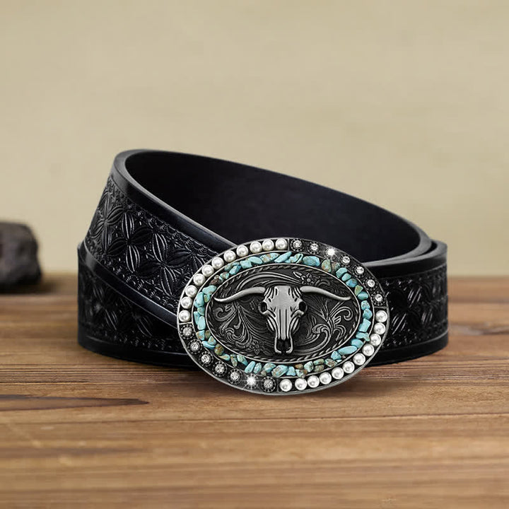 Men's DIY Sparkling Pearl Stones Bull Buckle Leather Belt - Blue - Black Embossed Weave Belt (40) - image 15