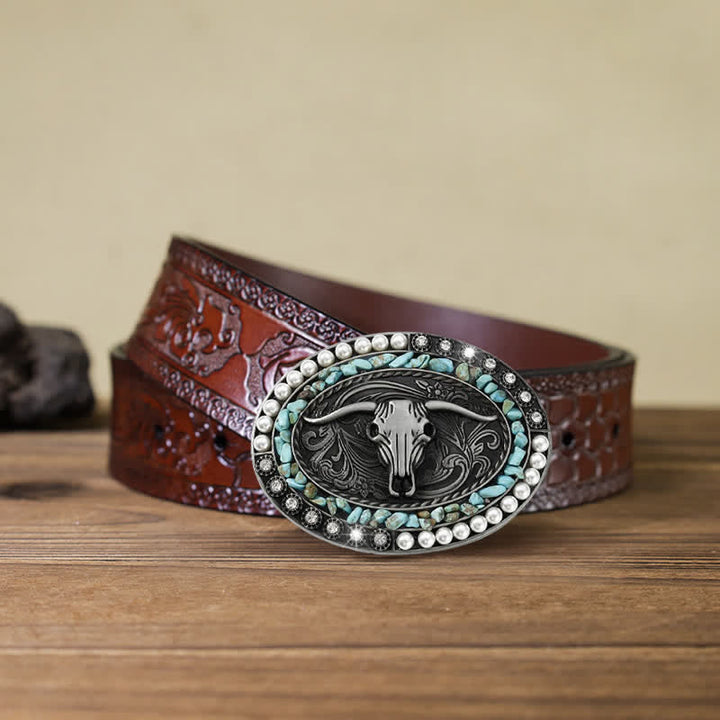 Men's DIY Sparkling Pearl Stones Bull Buckle Leather Belt - Blue - Brown Carved Belt (40) - image 17