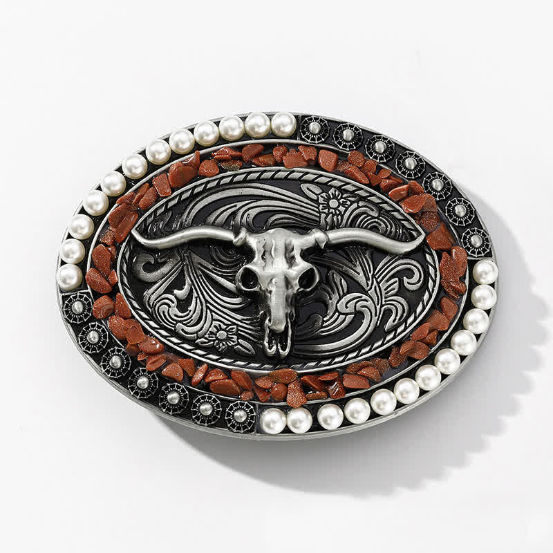 Men's DIY Sparkling Pearl Stones Bull Buckle Leather Belt - image 3