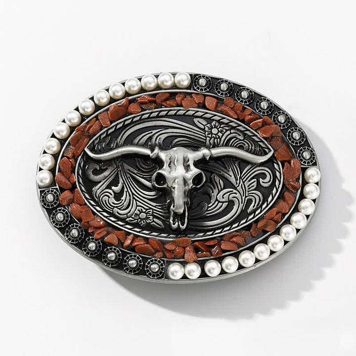 Men's DIY Sparkling Pearl Stones Bull Buckle Leather Belt - image 3