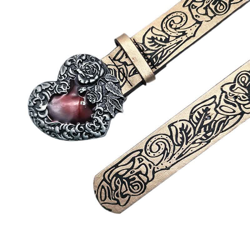 Red Enamel Heart Embossed Rose Pattern Leather Belt - image 4