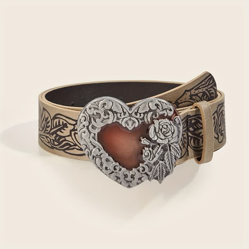 Red Enamel Heart Embossed Rose Pattern Leather Belt - Khaki - 34 - image 0