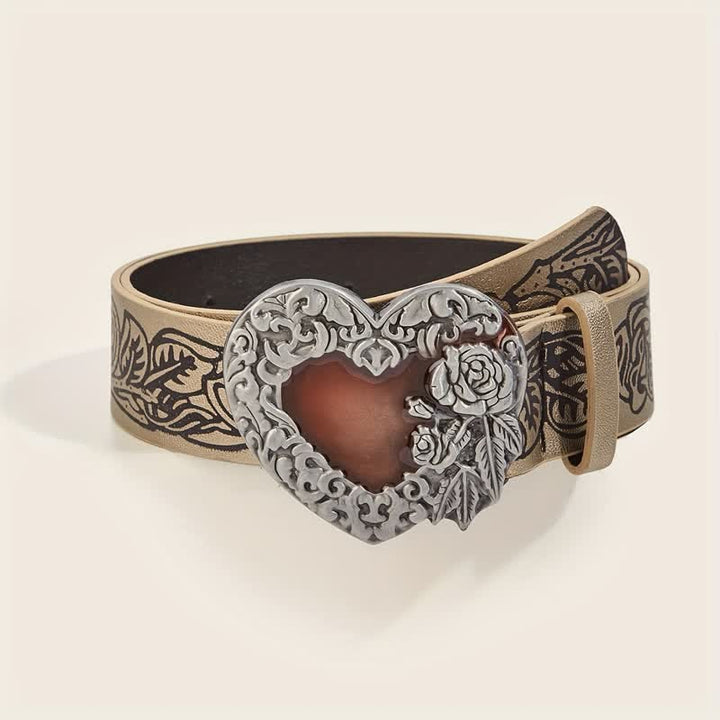 Red Enamel Heart Embossed Rose Pattern Leather Belt - Khaki - 34 - image 0