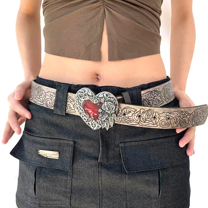 Red Enamel Heart Embossed Rose Pattern Leather Belt - image 1