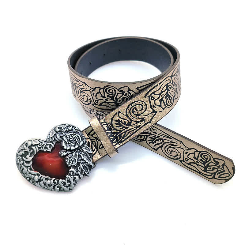 Red Enamel Heart Embossed Rose Pattern Leather Belt - image 3
