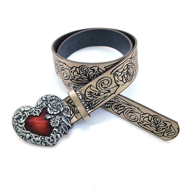Red Enamel Heart Embossed Rose Pattern Leather Belt - image 3