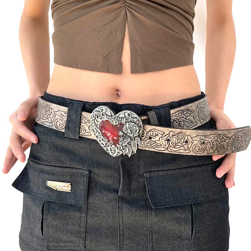 Red Enamel Heart Embossed Rose Pattern Leather Belt - image 1