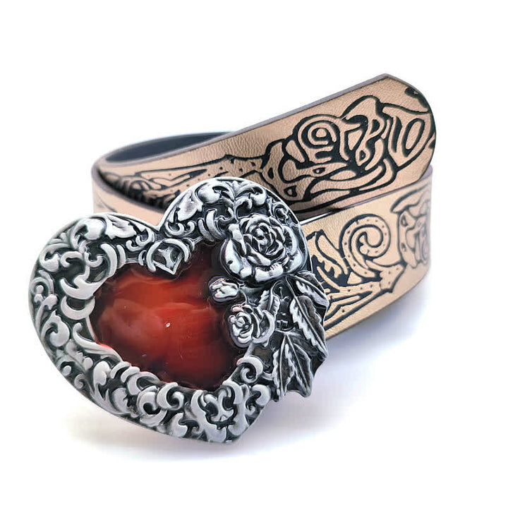 Red Enamel Heart Embossed Rose Pattern Leather Belt - image 2