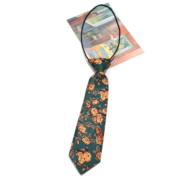 Men's Vintage Dark Green Yellow Flower Print Necktie - Pre-tie #1 - image 4