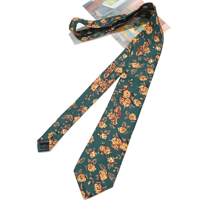 Men's Vintage Dark Green Yellow Flower Print Necktie - image 2