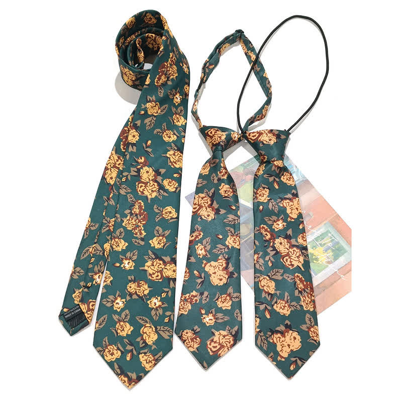 Men's Vintage Dark Green Yellow Flower Print Necktie - image 1
