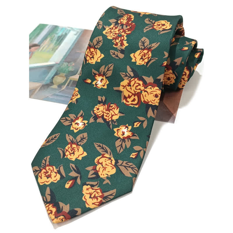 Men's Vintage Dark Green Yellow Flower Print Necktie - Selt-tie - image 0