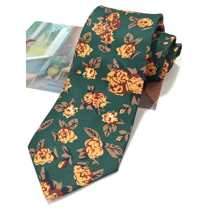 Men's Vintage Dark Green Yellow Flower Print Necktie - Selt-tie - image 0
