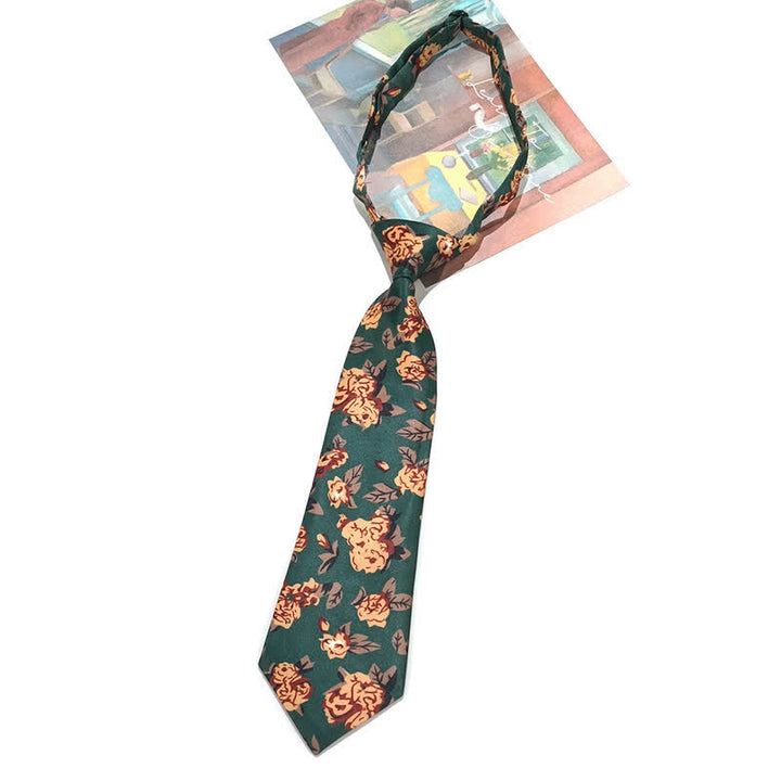 Men's Vintage Dark Green Yellow Flower Print Necktie - Pre-tie #2 - image 5