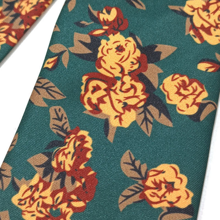 Men's Vintage Dark Green Yellow Flower Print Necktie - image 3