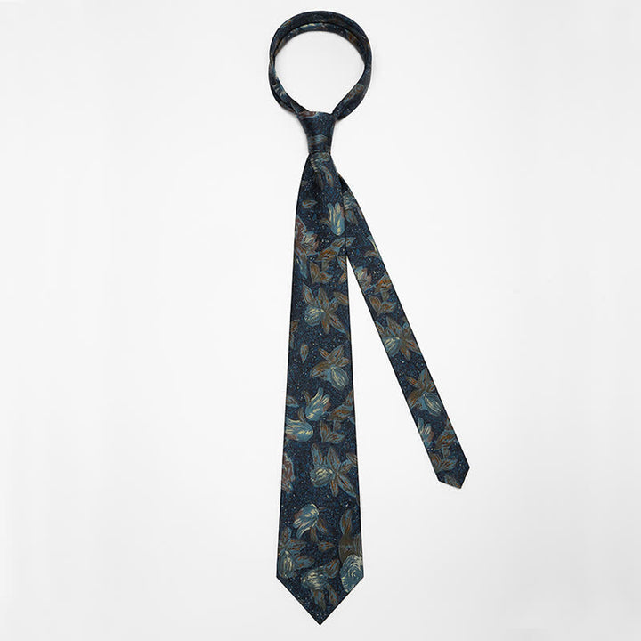 Men's Navy Blue Retro Oil Painting Floral Necktie - image 4