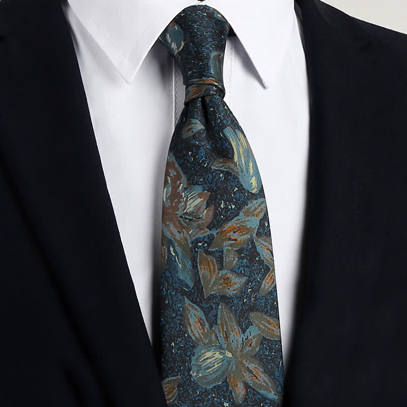 Men's Navy Blue Retro Oil Painting Floral Necktie - Navy Blue - image 0