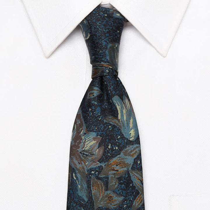 Men's Navy Blue Retro Oil Painting Floral Necktie - image 2