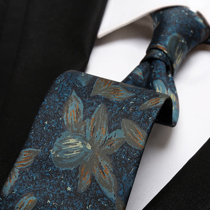 Men's Navy Blue Retro Oil Painting Floral Necktie - image 1