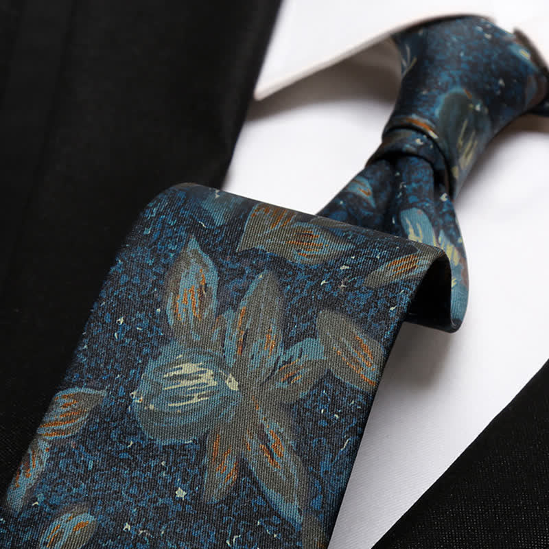 Men's Navy Blue Retro Oil Painting Floral Necktie - image 1