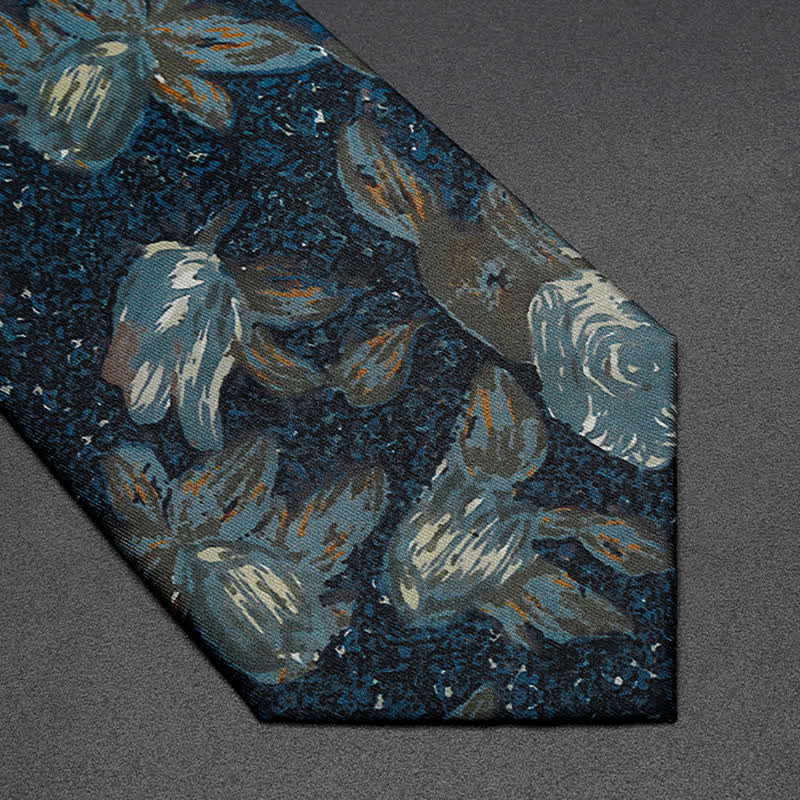 Men's Navy Blue Retro Oil Painting Floral Necktie - image 3
