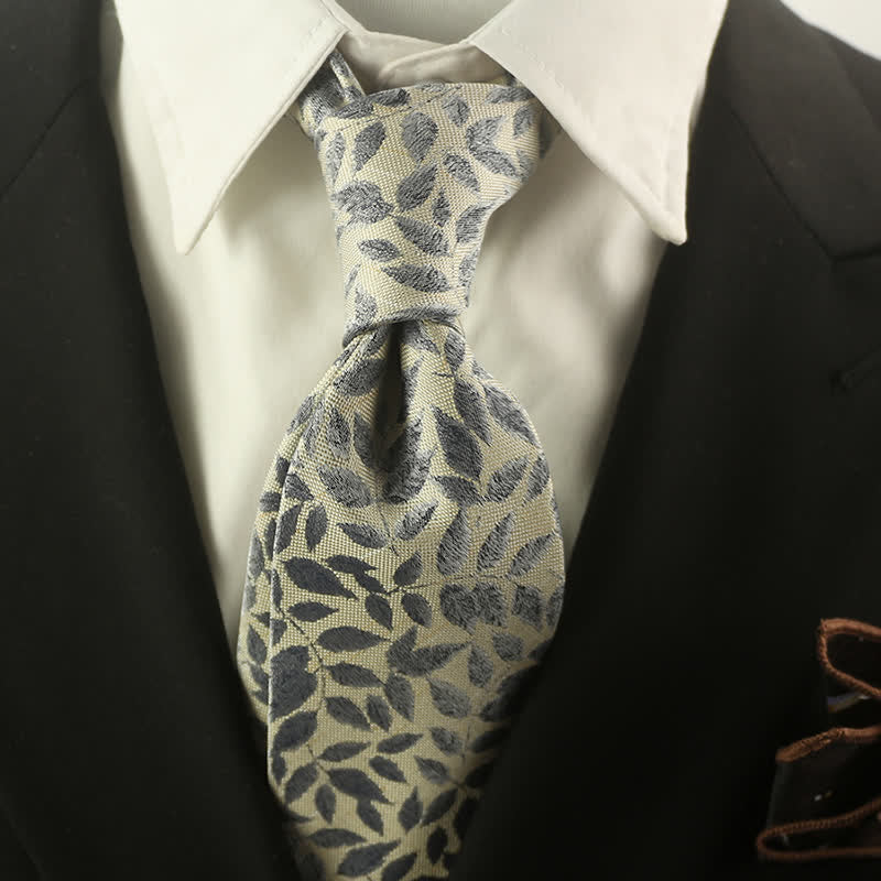 Men's Gray Blue Branch Leaves Printing Necktie - Gray Blue & Ivory - image 0