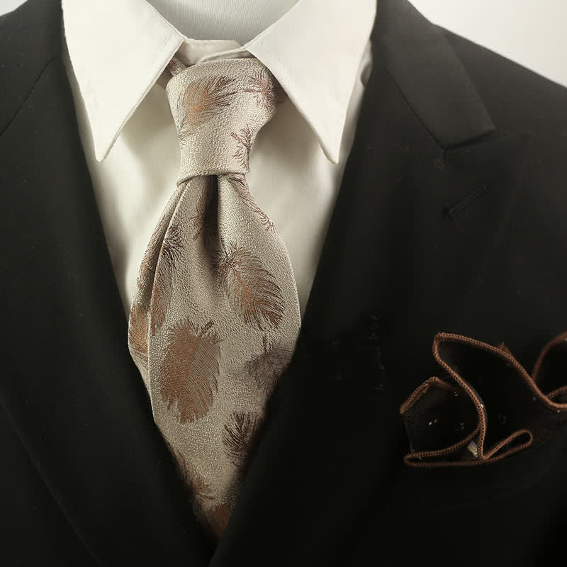 Men's Beige & Brown Feather Pattern Necktie - Beige & Brown - image 0
