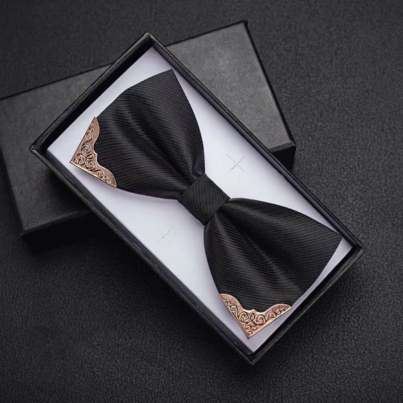Men's Golden Metal Tipped Twilled Bow Tie - Black - image 2