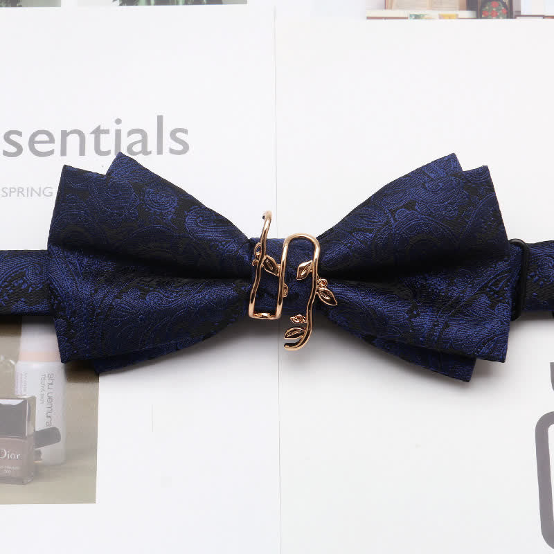 Men's Paisley Golden Vine Leaf Branch Bow Tie - Navy - image 3