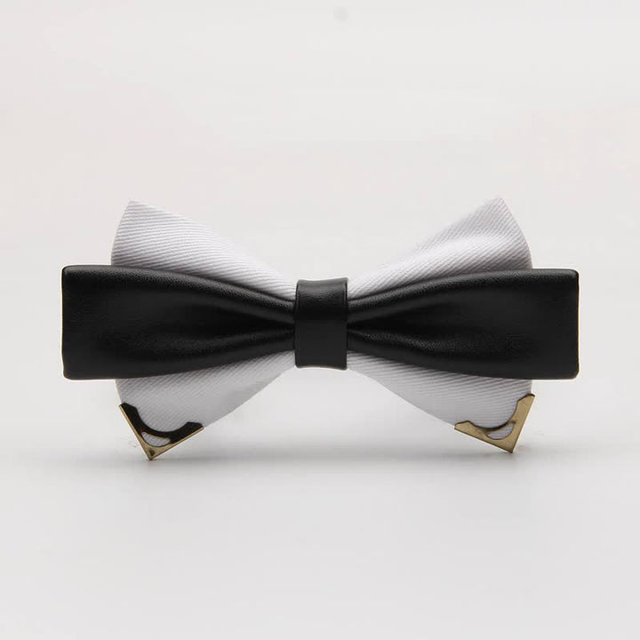 Men's Double Leather Golden Metal Edge Bow Tie - White - image 4