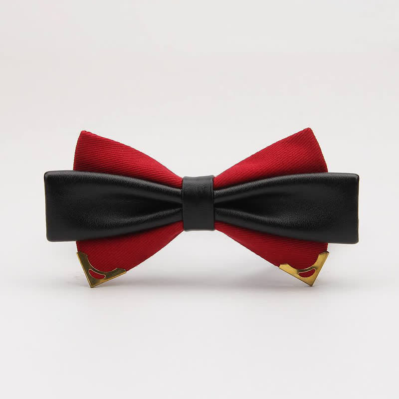 Men's Double Leather Golden Metal Edge Bow Tie - Dark Red - image 0