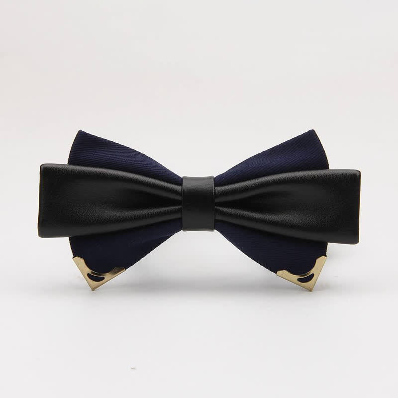Men's Double Leather Golden Metal Edge Bow Tie - Navy - image 6